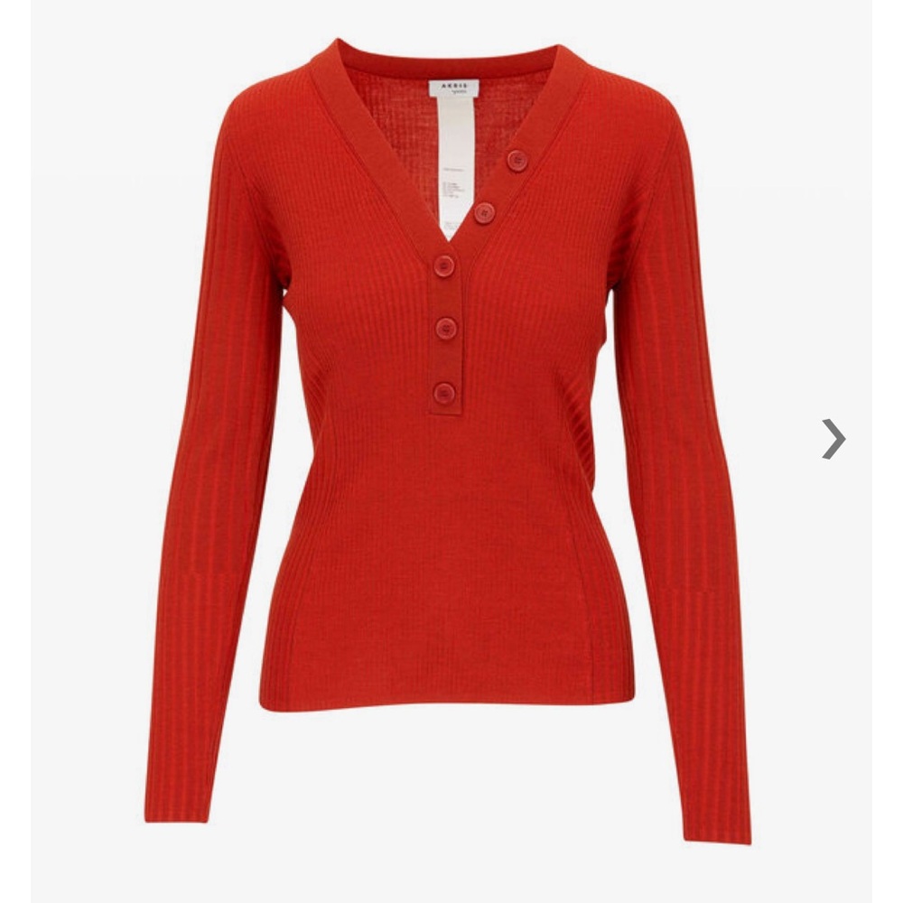 AKRIS PUNTO - Red Ribbed Wool Button V-Neck Sweater - NWOT